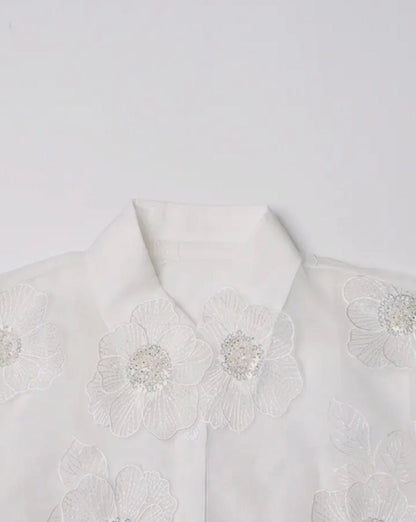 Bluse mit 3-D Blumen weiß - GRAYSS FASHION & HOME